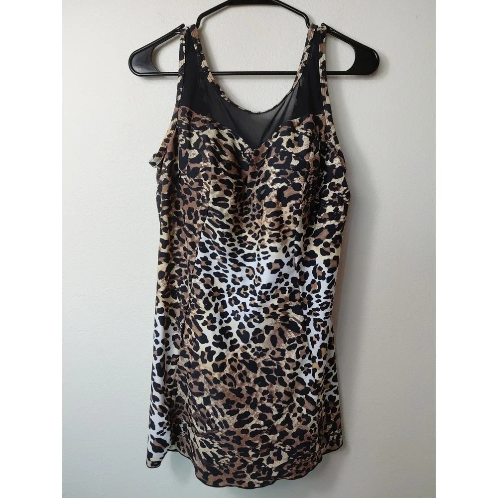 Swimsuits For All Leopard  Swim Dress Halter One Piece Sz 14 NWOT Beach Vaca